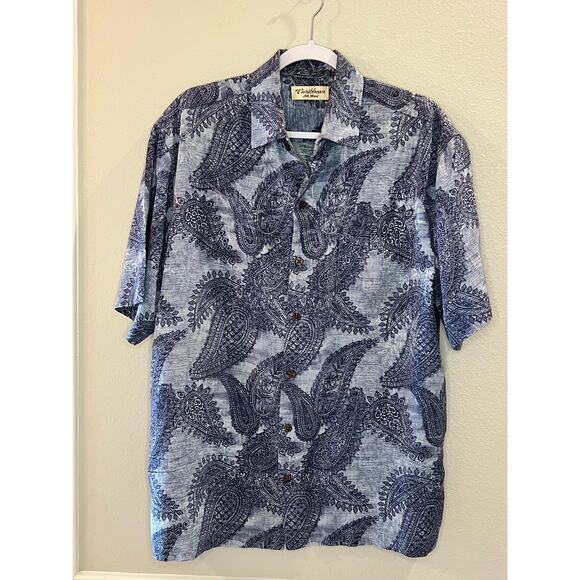 Caribbean Men's Blue Paisley Hawaiian Tropical Silk Blend Size L Short Sleeve - Picture 1 of 6